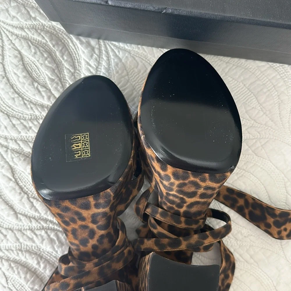 SAINT LAURENT Bianca Leopard Platform Sandals with Knot Front